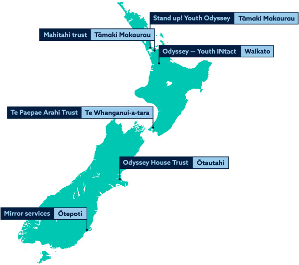 Tuturu locations on a map of Aotearoa. In Tamaki Makaurau: Stand up! Youth Odyssey and Mahitahi Trust. In Waikato: Odyssey - Youth INtact. In Te Whanganui-a-tara: Te Paepae Arahi Trust. In Ōtautahi: Odyssey House Trust. In Ōtepoti: Mirror services